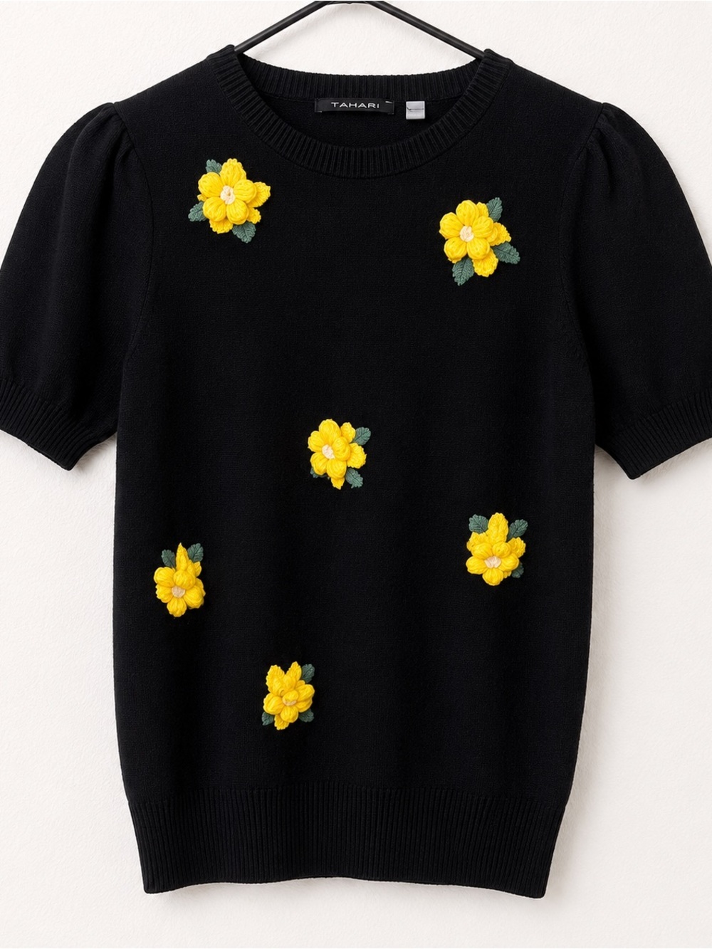 T Tahari Black Knit blouse Top with Yellow 3D Floral dopamine cottagecore chic